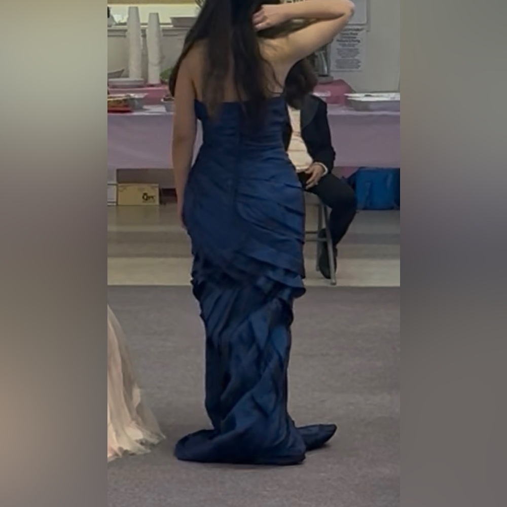 Navy blue satin pageant evening gown, prom/formal dress. Size 8.